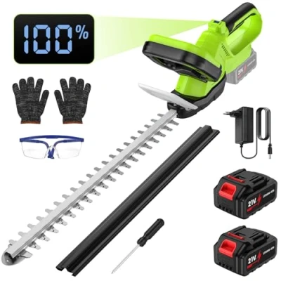 Imagen de Cortasetos Bateria, 500W Electrico con 2 Baterías de 3,0 Ah, 55cm Longitud Corte, 15mm Espacio Entre Dientes, Motor sin Escobillas, Pantalla LCD, Hoja Doble Acción