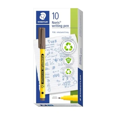 Imagen de Staedtler Noris writing pen 307 Fineliner, carcasa de 97% plástico reciclado según la norma ISO 14021, bolígrafo punta fina reciclado, marrón tabaco, caja plegable, 10 rotuladores