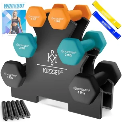 Imagen de KESSER® juego de mancuernas, 3 pares, 1 kg 5 kg, 12 o 18 con soporte, almacenamiento, gimnasio, entrenamiento fuerza, pesas neopreno antideslizante, cuaderno ejercicios,
