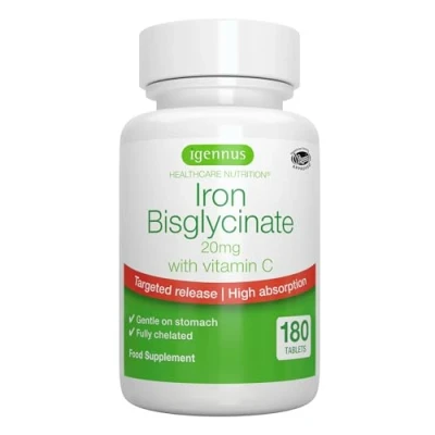 Imagen de Suplemento de Hierro Bisglicinato 20 mg con Vitamina C, ligero Absorción Mejorada y Liberación Dirigida, Suave en el Estómago, 180 Comprimidos veganos (6 meses) Igennus