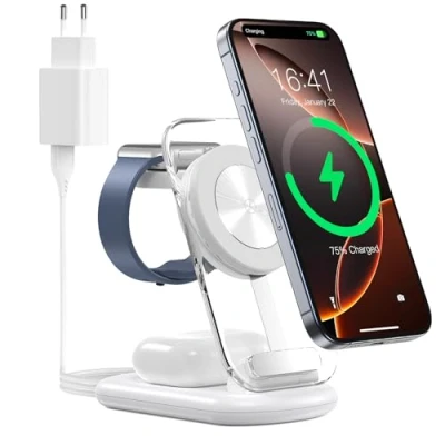 Imagen de Estación de Carga inalámbrica 3 en 1 para mag Safe, Cargador magnético inalámbrico Plegable y Ajustable, Soporte Viaje Safe con luz iPhone 16/15/14, AirPods, Apple Watch, Blanco