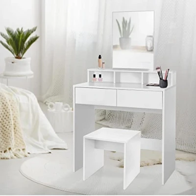 Imagen de ML Design Juego De Tocador con Taburete 80x40x140 cm Blanco Moderno Espejo 2 Cajones 3 Compartimentos Abiertos Mesa Maquillaje Cosméticos Tablero Madera para Dormitorio Habitación