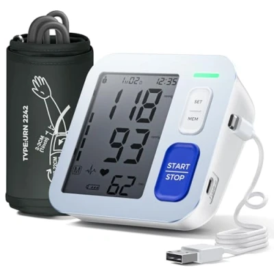 Imagen de Tensiometro de Brazo Digital, Medidor Tension Arterial Profesional, Aparato con Pantalla LCD HD, Se Pueden Registrar 2 x 99 Datos Usuario,Cable Carga Batería AA/Tipo C