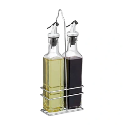 Imagen de Relaxdays Combo aceitera vinagrera, 2 en 1, Cristalería, Menaje de Cocina, con Soporte, x 250 ml, 1 Set, Transparente, Vidrio