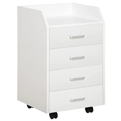 Imagen de Vinsetto Cajonera de Oficina Mueble Auxiliar para Archivos con 4 Cajones Encimera Superior Almacenaje Ruedas y 2 Frenos Estudio Despacho 40x36x65 cm Blanco
