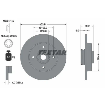 Imagen de TEXTAR 92305403 Disco de freno 244 9 04/04 108 macizo revestido con anillo sensor magnético incorporado, cojinete rueda, buje rueda