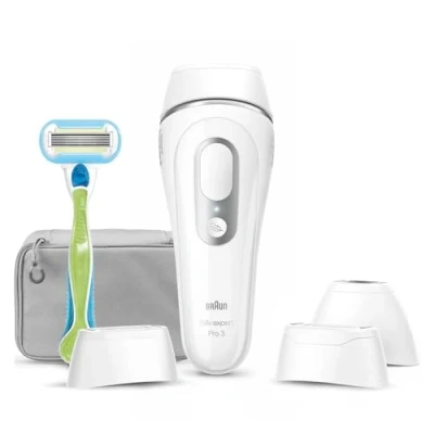 Imagen de Braun Luz Pulsada Silk expert Pro 3, Eliminación Del Vello En Casa, Alternativa a Depilación Láser, Depiladora IPL Con Funda, Maquinilla Venus, 3 Cabezales Para Cara y Cuerpo, Blanca/Plateada, PL3222