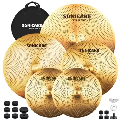 Imagen de SONICAKE Juego de platillos bajo volumen 14&quot; HiHat+16&quot; Crash+18&quot; Crash+20&quot; Ride Cymbal Set Dorado 5 piezas con bolsa cadera y accesorio