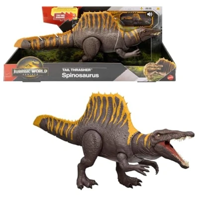 Imagen de Mattel Jurassic World El Renacer, Espinosaurio Cola destructora Dinosaurio de juguete, figura acción con 2 movimientos ataque, fiel a la película y articulada, juego digital, JGB57