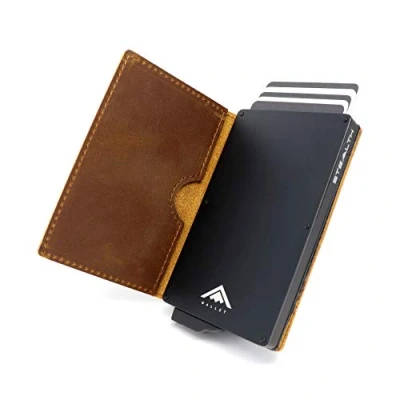Imagen de Stealth Wallet Tarjetero Hombre con Protección RFID Cartera Pop Up y Caja de Regalo Porta Tarjetas Crédito Metal Delgado Ligero (Aluminio Negro, Cuero Marrón Crazy Horse)