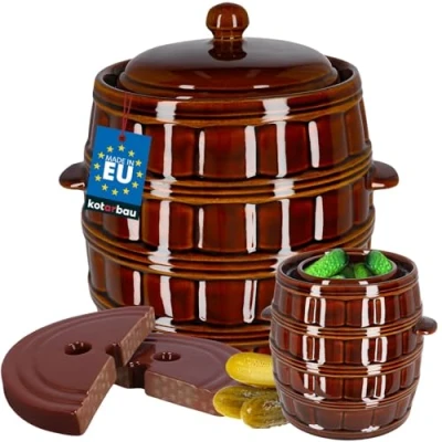 Imagen de KOTARBAU® Barril de gres con Tapa y Piedra presión, 12 L, Marrón, Jarrón Barro, Recipiente cerámica Asas, Olla Cocina para fermentación, Tarro fermentar chucrut, Kimchi, Bote