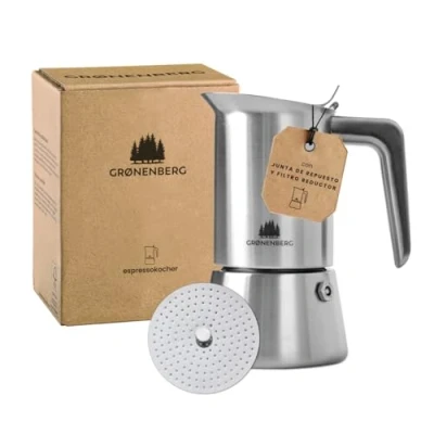 Imagen de Groenenberg Cafetera italiana express 4 Tazas (200 ml) induccion en acero inox con junta de repuesto