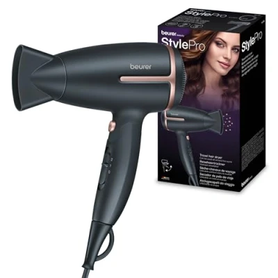 Imagen de Secador Beurer HC25, 1600W, Difusor profesional, 2 velocidades, Función de iones, Mango plegable, Negro