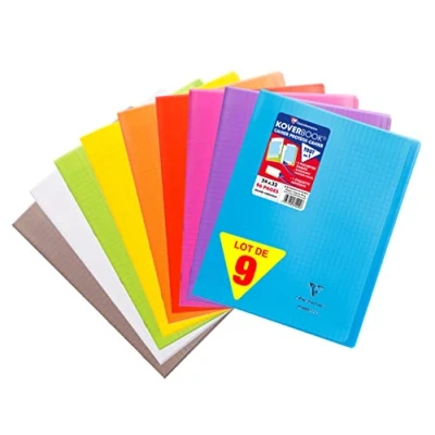 Imagen de Clairefontaine 981490AMZC Lot de 9 Cahiers Agrafés Koverbook 24x32 cm 96 Pages Grands Carreaux Papier Blanc 90g Couverture Polypro (Bleu, Rouge, Vert, Jaune, Violet, Gris, Orange, Rose, Incolore)