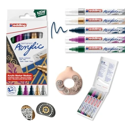 Imagen de edding 5100 marcador acrílico de trazo medio surtido (metálico) juego 5 rotuladores acrílicos resistentes al agua punta redonda 2 3 mm pintura acrílica para lienzo, madera y piedra