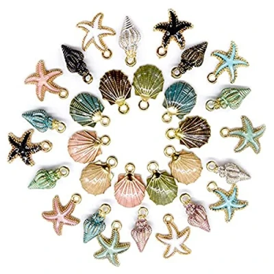 Imagen de 30 Piezas Abalorios de Concha Mar Estrella Mar, Aleación Esmalte Colgantes, Cuentas Dijes para Hacer Joyas, Collar Pendiente Hecho a Mano DIY