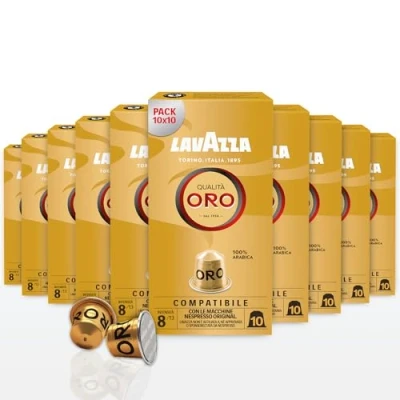 Imagen de Lavazza, Qualità Oro, 100 Cápsulas de Café Compatibles con las Máquinas Nespresso* Original, Notas Aromáticas Florales y Afrutadas, 100% Arábica, Intensidad 8, Tueste Ligero