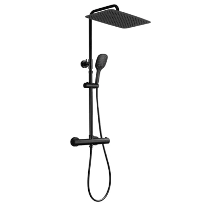 Imagen de JOHO Columna de Ducha Negra con Grifo Termostático Acero inoxidable 304 Barra Reuglable en Altura Hidromasaje y Cuadrada Lluvia 35 * 25cm
