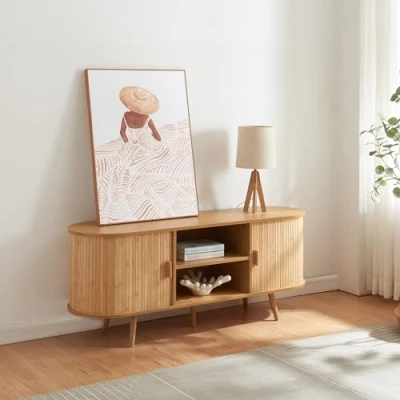 Imagen de [en.casa] Aparador con Puertas Correderas Mueble de TV en Forma Ovalada Armario Multiusos 2 Compartimentos Cerrados y Abiertos Bambú MDF Madera 140x40x56 cm Natural