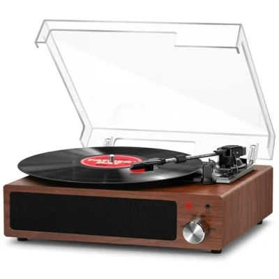 Imagen de FYDEE Tocadiscos de Vinilo Vintage Bluetooth Portátil con 3 Velocidades (33/45/78 RPM), Altavoces Estéreo Integrados, Reproductor Retro Conexión para Auriculares 3.5 mm, RCA y AUX, Nuez