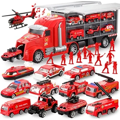 Imagen de JOYIN Juego de juguete camión bomberos 25 en 1 con sonidos y luces, vehículos portador, mini emergencia rescate, regalo cumpleaños para niños