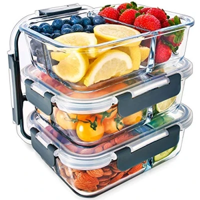 Imagen de Igluu Meal Prep Recipientes de vidrio 3 compartimentos con tapas herméticas SnapLock Almacenamiento control porciones Sin BPA Apto para microondas, lavavajillas y horno [set 3]