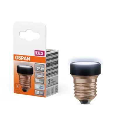 Imagen de OSRAM LED Star Flat con 3,5 W (como 28 W), 300 lm/4000 K, blanco frío 840, esmerilado, plástico negro, rosca E27, no regulable, 35 mm de diámetro.