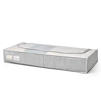Imagen de Rayen Caja de almacenaje ropa y mantas cama. Bolsa tela para con cremallera, rejilla transpirable, plegable resistente. 45 x 103 16 cm , Gris Claro/Translúcido