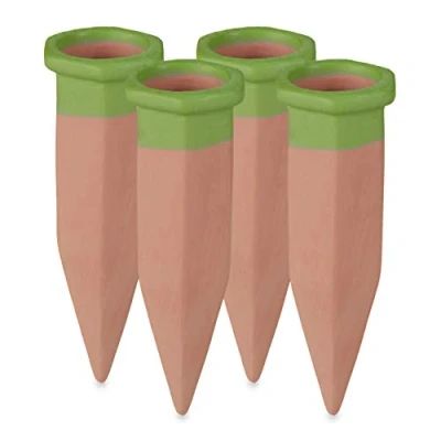 Imagen de Relaxdays Set 4 Picos Riego Plantas Interior y Balcón, Regador Automático Arcilla Maceta, 9,5 x 3 cm, Terracota Verde