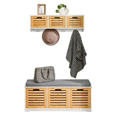 Imagen de SoBuy FSR23 WN+FHK19 WN Mueble Recibidor Set de 1 Banco Zapatero y Estante Pared ES