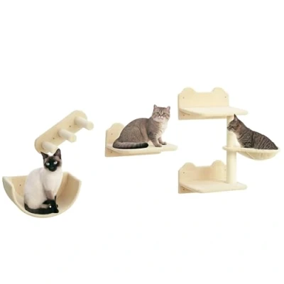 Imagen de PawHut Estante de Escalada para Gatos Pared Juego Estantes 4 Piezas con Hamaca Nido Rascador Plataformas Saltar y Poste Sisal Beige