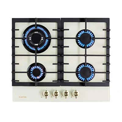 Imagen de Klarstein Victoria cocina de gas 4 fogones, llamas, 60 cm, encastrable, quemador Sabaf, propano, natural, válvulas seguridad, autoapagado, portaollas hierro fundido, marfil