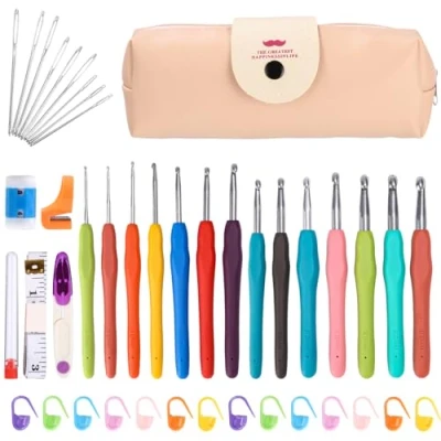 Imagen de juego de 14 agujas ganchillo 2,0 mm a 10,0 mm, para principiantes, bolsa con almacenamiento rosa, asas goma ergonómicas