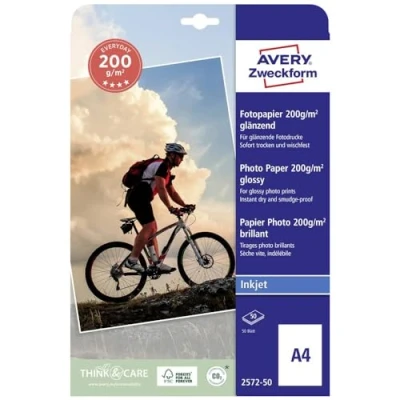 Imagen de Avery Zweckform 2572 50 Pack de hojas papel fotográfico brillante para impresoras, 210 x 297 mm, color blanco