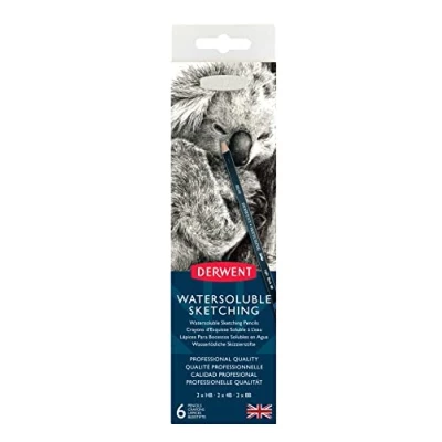 Imagen de Derwent Lápices Solubles en Agua para Dibujar, Escribir y Hacer Bocetos, Set de 6, Incluye 3 Grados (HB, 4B, 8B) Sacapuntas, Ideal Bocetaje, Calidad Profesional, 0700837