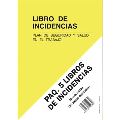 Imagen de PAQ. 5 LIBROS de INCIDENCIAS. Plan Seguridad y Salud en el Trabajo. A4, 25 folios duplicados numerados.
