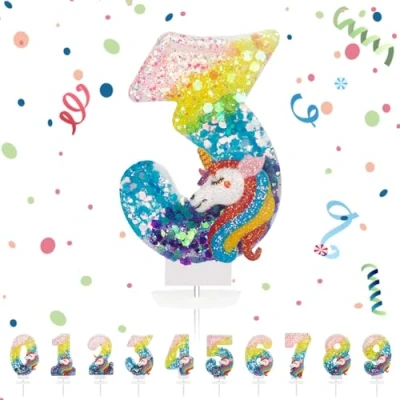 Imagen de Velas Cumpleaños Números 3,3D Unicornio Arco iris Vela,Vela de Número 3 Pastel Decoración,Aniversarios,Baby Shower