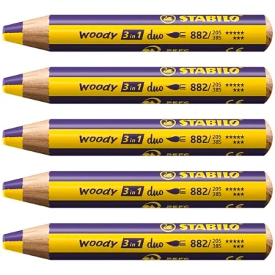 Imagen de STABILO Lápiz de color, cera y acuarela woody 3 en 1 duo Mina bicolor Caja con 5 unidades Colores amarillo/violeta