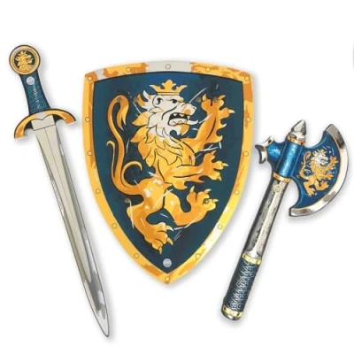 Imagen de Liontouch Noble Caballero Espada, Escudo &amp; Hacha, Azul Juguete Medieval de Imitación en Espuma con Tema León Dorado para Niños Armas Seguras y Armadura Batalla Disfraces