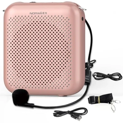 Imagen de NORWII Mini amplificador de voz portátil recargable con micrófono cable y cintura, personal para profesores, presentación, guías turísticos, reuniones, entrenadores, oro rosa