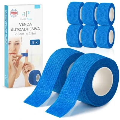 Imagen de Health Press® Venda para Dedos Auto adhesiva 8 Rollos Azul (2,5cm x 4,5m) Impermeable Vendaje Elástico de Fijación Cinta Resistente al Polvo, Grasa y Suciedad Manos