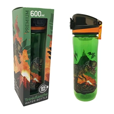 Imagen de Theonoi botella de agua delgada a prueba fugas, deportiva para niños, con colador frutas, sin BPA, 600 ml (dinosaurio dinosaurio)