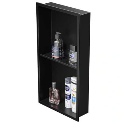 Imagen de Bernkot nicho de ducha acero inoxidable negro 60 x 30 cm no requiere azulejos pared doble estante empotrado para almacenamiento en el baño, montaje árbol