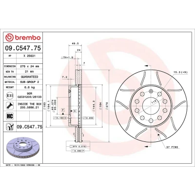 Imagen de BREMBO 09.C547.75 Disco de freno 276 24 9 ventilación interna revestido altamente carbonizado con tornillos VOLKSWAGEN: Golf 6, 7, 7 Variant