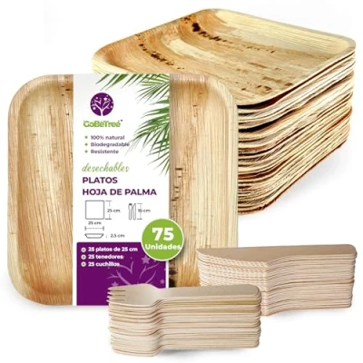Imagen de 25 Platos desechables de Hoja Palma Cuadrados cm con 50 Cubiertos Madera, Vajilla desechable elegante, similar al bambu, menaje para fiestas, barbacoas y picnic.