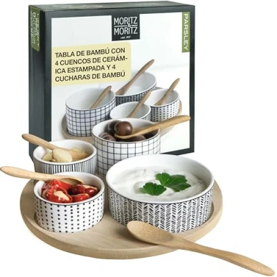 Imagen de Moritz &amp; Juego de Servir Parsley 9 Piezas Cuencos Ceramica, Bandeja Pizarra Cucharas Bambu Para Salsas Snacks Entrantes Postres