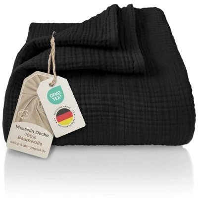 Imagen de LAYNENBURG Colcha de Muselina Premium 180 x 220 cm 100% algodón Manta Extra Suave como acogedora, Cama, sofá, sofá (Negro)