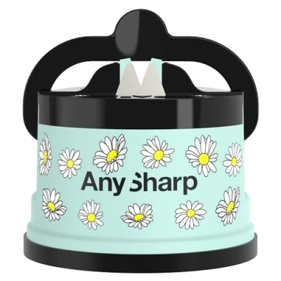 Imagen de AnySharp Afilador de Cuchillos, Seguridad sin Manos, Ventosa, Afila con Todos los Cuchillos Cocina, Ideal para Acero Endurecido y Dentados, El Mejor del Mundo, Margaritas Azules