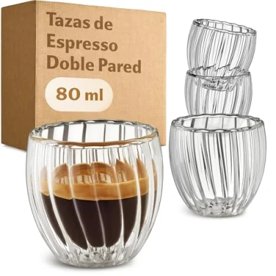 Imagen de Cosumy Taza de Café Espresso Doble Pared 80ml 4 Tazas Aislante Térmico Protege Las Manos Efecto Flotante Diseño Estriado Resistente Calor Aptas Para Lavavajillas