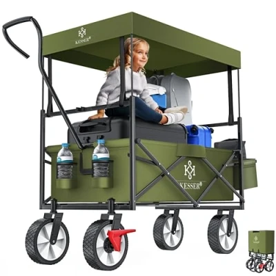 Imagen de KESSER® Carro Plegable con Techo Incl. Funda Carrito de Jardín 2 Bolsillos Red y uno Exterior Freno en la Rueda Delantera Ruedas Goma hasta 100 kg Capacidad